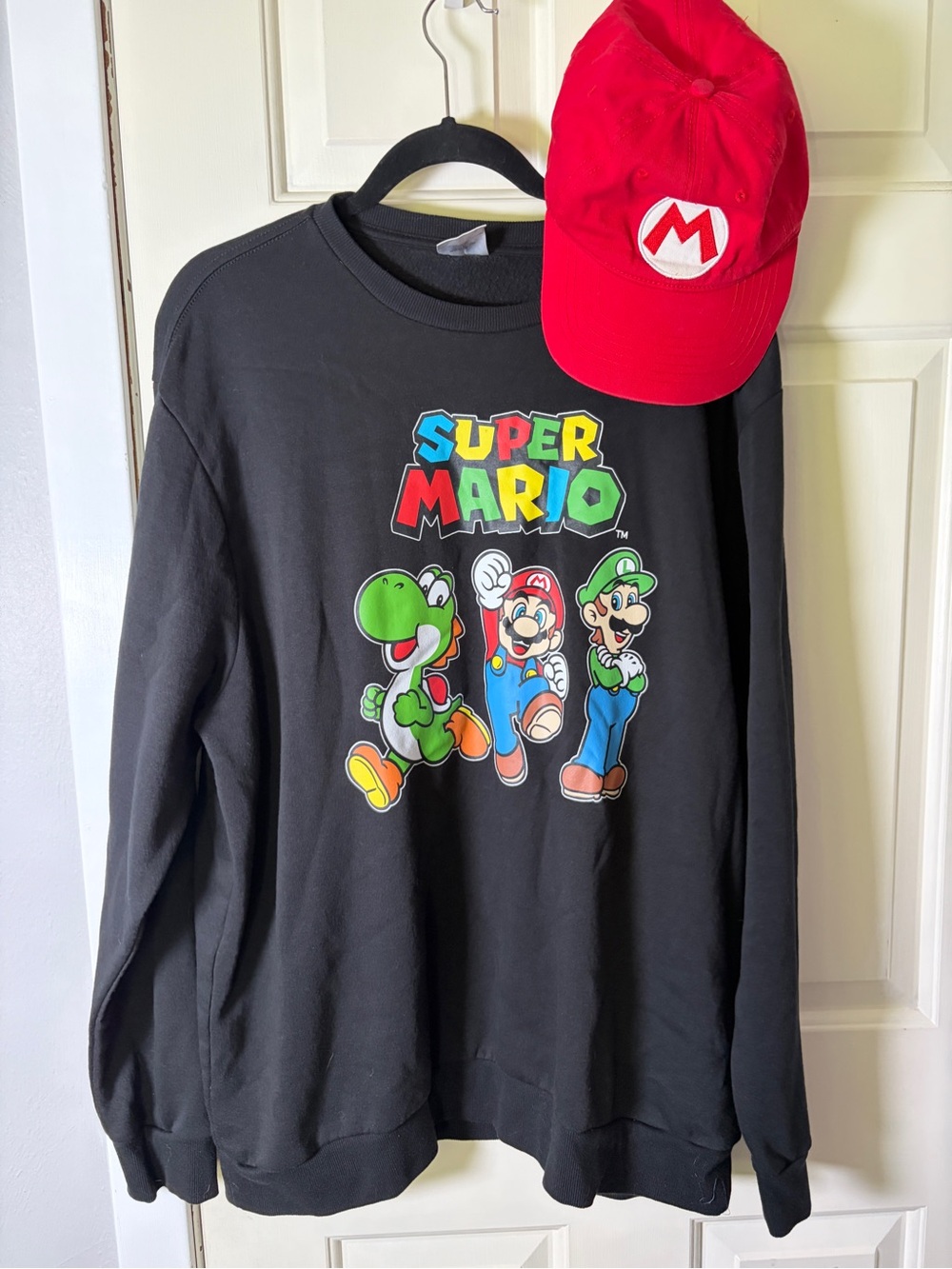 Nintendo Black Super Mario Logo Crewneck Sweatshirt and Red Mario Hat